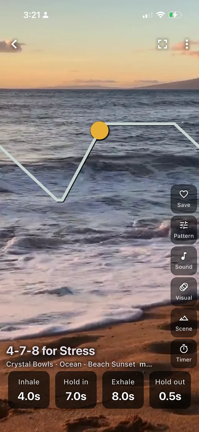 A 4-7-8 breathing session over a beach at sunset in Pocket Breath Coach