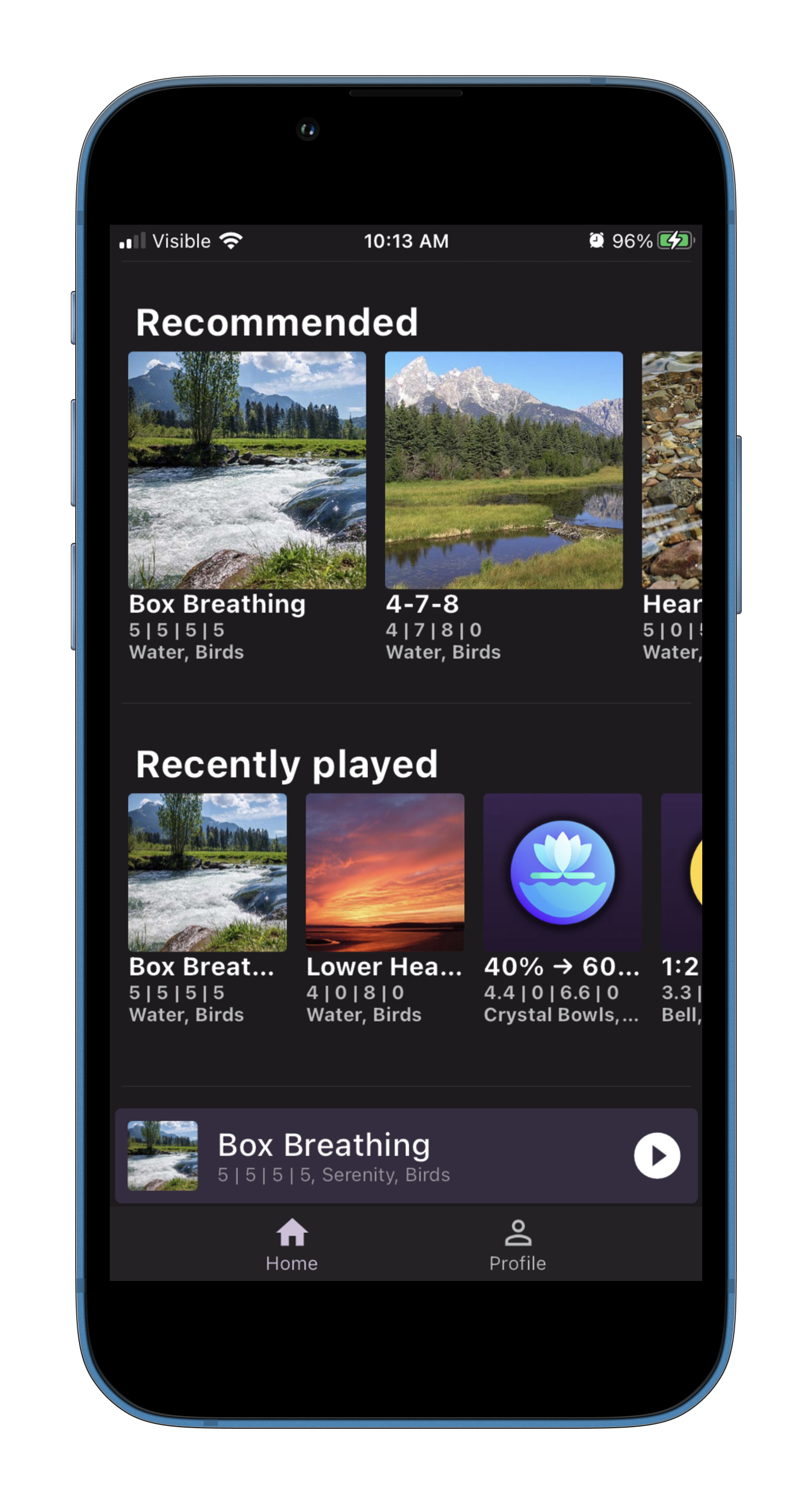 App showing recommended breathing exercises